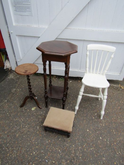 2 Vintage hardwood occasional tables, painted chair and footstool
