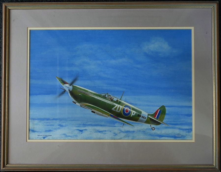 Glason, Norman (British Artist) Watercolour of Spitfire IX 222 sqdn W. Gower 1989 framed and - Image 2 of 3