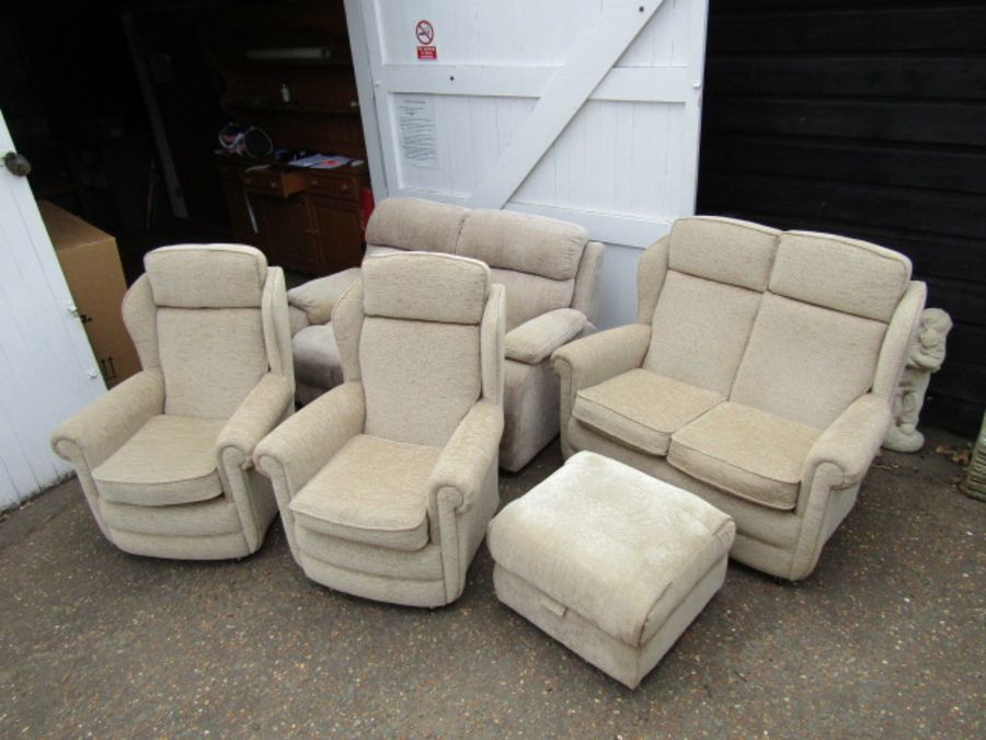 2 Sofa's, 2 armchairs and storage footstool