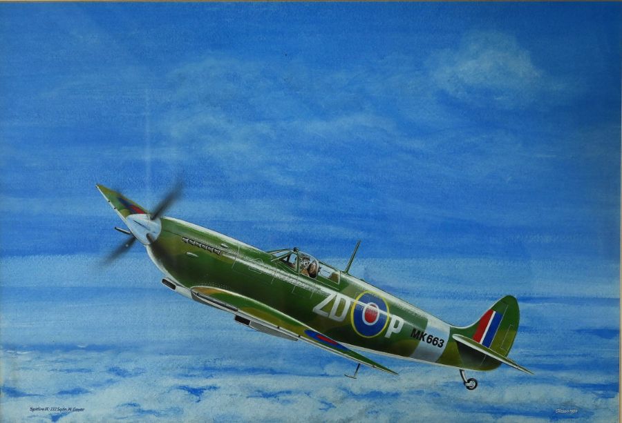 Glason, Norman (British Artist) Watercolour of Spitfire IX 222 sqdn W. Gower 1989 framed and