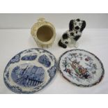 Hand painted Salt Cellar, 1 mantel dog and vintage plates