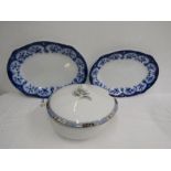 A lidded bowl 25cm diameter and 2 meat plates largest 40cm long