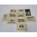 WW1 silk embroidered postcards and one p/c with real hair