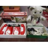Vintage communications set, teddy bear telephone and vintage phone parts