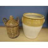 Bristol salt glazed vase/planter and a Plymouth bottle housed in wicker basket