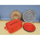 Vintage Yugoslavian enamel, copper cake mould and pewter plate etc