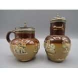 Royal Doulton pepper pot and mustard pot with silver hallmarked collars 6 and 7.5cm tall