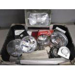 A box of car parts, sign, routers, pressure gauge etc