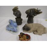 'Brue' pug, Hungary Herend rabbit figure -a/f, dog in a basket and 2 parrots made (papier Mache