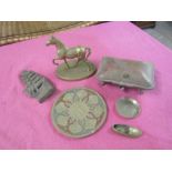 Brass items including horse and ship door knocker etc