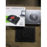 ION power play record player in box and laptop cooler