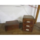 Inlaid mahogany writing slope in need of repair and small chest of drawers