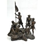 Large patinated bronze sculpture depicting a battle scene of 6 French soldiers carrying guns with