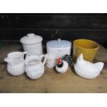 2 ceramic bread bins, egg crock and jugs etc