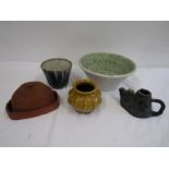 Studio pottery bowls, vase, teapot and a terracotta butter dish