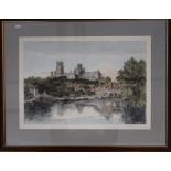 After V S Hine. Ely Cathedral from the Ouse River, coloured print, 40cm x 57cm