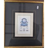 Four framed decorative prints of chairs