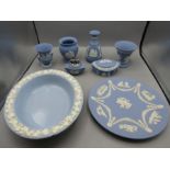 Wedgwood Jasperware table lighter, vases, trinket pot and a glazed dish