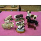 Mixed animal figurines including Dachshunds and studio pottery cow (tip of one horn is broken off)