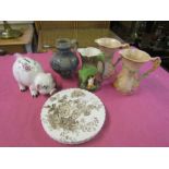 4 Clarice Cliff plates, pig money box and jugs