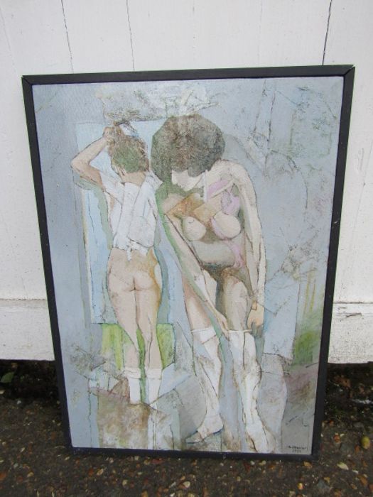 Acrylic on board of 2 women dressing signed R Jenkins 1999 46cm x 64cm approx