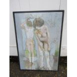 Acrylic on board of 2 women dressing signed R Jenkins 1999 46cm x 64cm approx