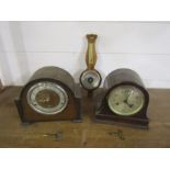 2 Oak mantel clocks with keys and a wheel barometer