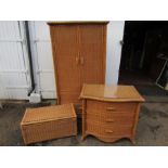 Rattan wardrobe, 3 drawer chest and blanket box