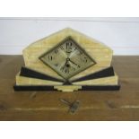 Art Deco style marble mantel clock with key (missing glass)