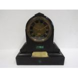 A 19thC black slate clock signed C Rake Paris with green marble inlay and brass plaque to PC Brwon