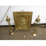 A pair brass companion sets and a brass fire screen