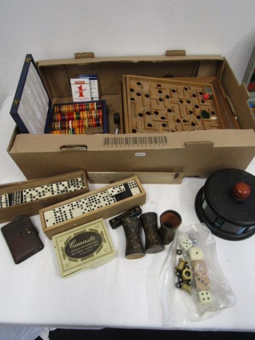 A box of vintage games inc roulette, backgammon, dominoes etc