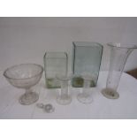 Largs glass vases a pedestal dish and candle holders- smaller rectangle vase has crack