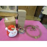 Unused Christmas items including boxed Santa cookie jar and 4 boxed ceramic ornaments