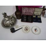 Collectors lot to include dutch brass bells, clay pipes, silver plated centre piece, retro plates,