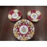 3 Crossed swords Dresden? dishes maroon with flower detail 23cm and 30cm diameter