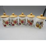 5 Royal Worcester 'Evesham' spice jars- one cracked and a spare lid