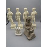4 resin figures, see-speak-hear no evil figure and a resin drummer
