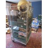 Stillage containing kitchenalia, vintage Xmas decorations, Xmas cards and F&M hamper basket etc