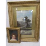 A landscape watercolour in gilt frame and a oiligraph of a child portrait