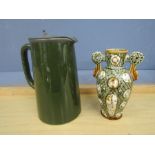 A Cumbrian pottery jug and green pewter lidded jug