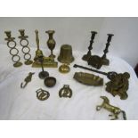 A collection of brass items inc. Cherubs, greyhound and horse