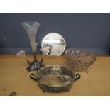 Glass epergne, round mirror, caged pyrex dish and bowl