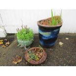 3 Ceramic garden pots. Largest H48cm approx