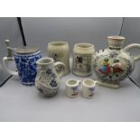 W. German collection- heart shaped decanter, 3 steins, jug and 2 small steins