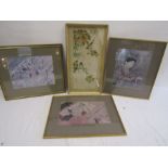 A silk Oriental picture and 3 framed Oriental pictures