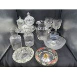 Etched jug, stemmed glasses, dressing table items etc