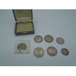 A mix of Coins in small grey box - 1893 half crown, 1912, 1921 2/6 +1961 a 1936 Florin, 1869 1