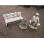 2 Concrete garden statues and miniature bench