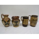 4 Royal Doulton Lambeth motto jugs 2 have an amount of peeling and a repaired crack